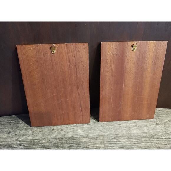 VINTAGE Asian women Friends WOOD INLAY MARQUETRY Pair Set Small Framed Wall Art - Picture 6 of 7